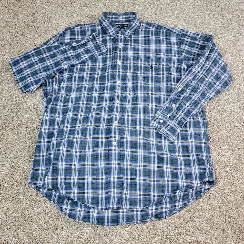 Vintage Ralph Lauren Blaire Mens Large Green Blue Plaid Pony Button Down LS